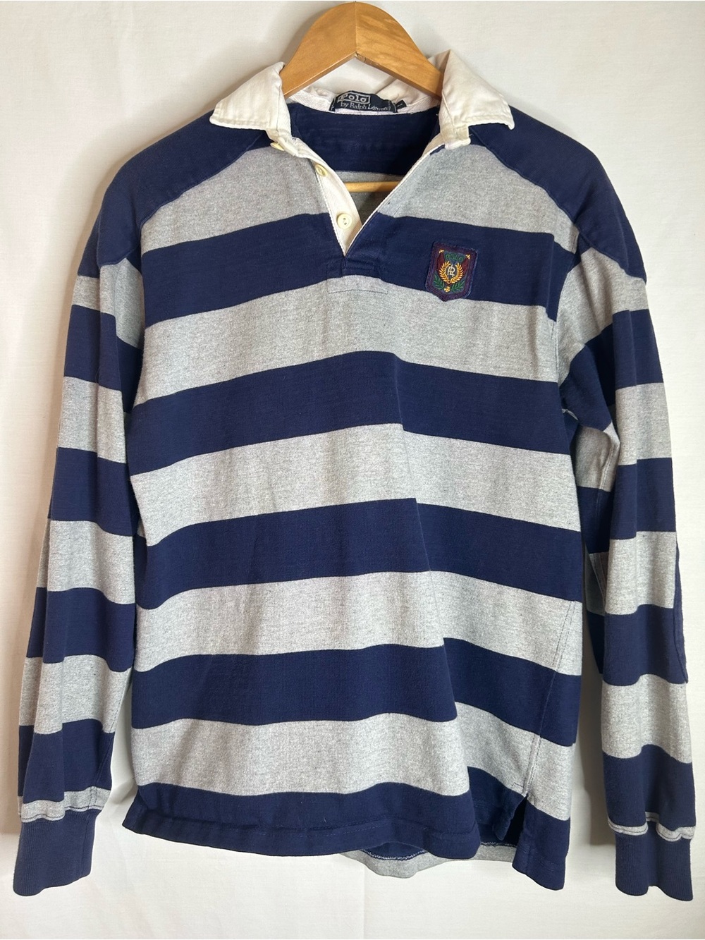 Vintage 80’s 90’s Polo Ralph Lauren Blue & Gray Striped Rugby Polo RL Crest Sz M